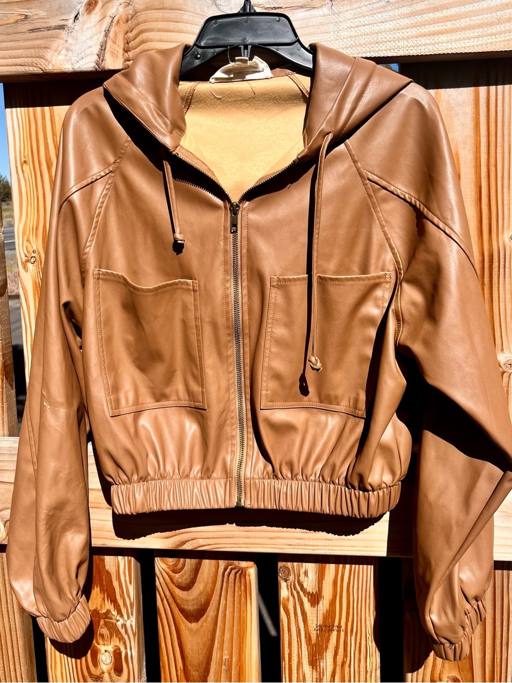 Promesa Womens Tan Hooded Faux Leather Bomber Jacket